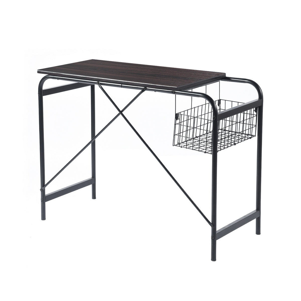 Compact Modern 31.5 Computer Desk with Wire Storage Basket - Walnut & Black