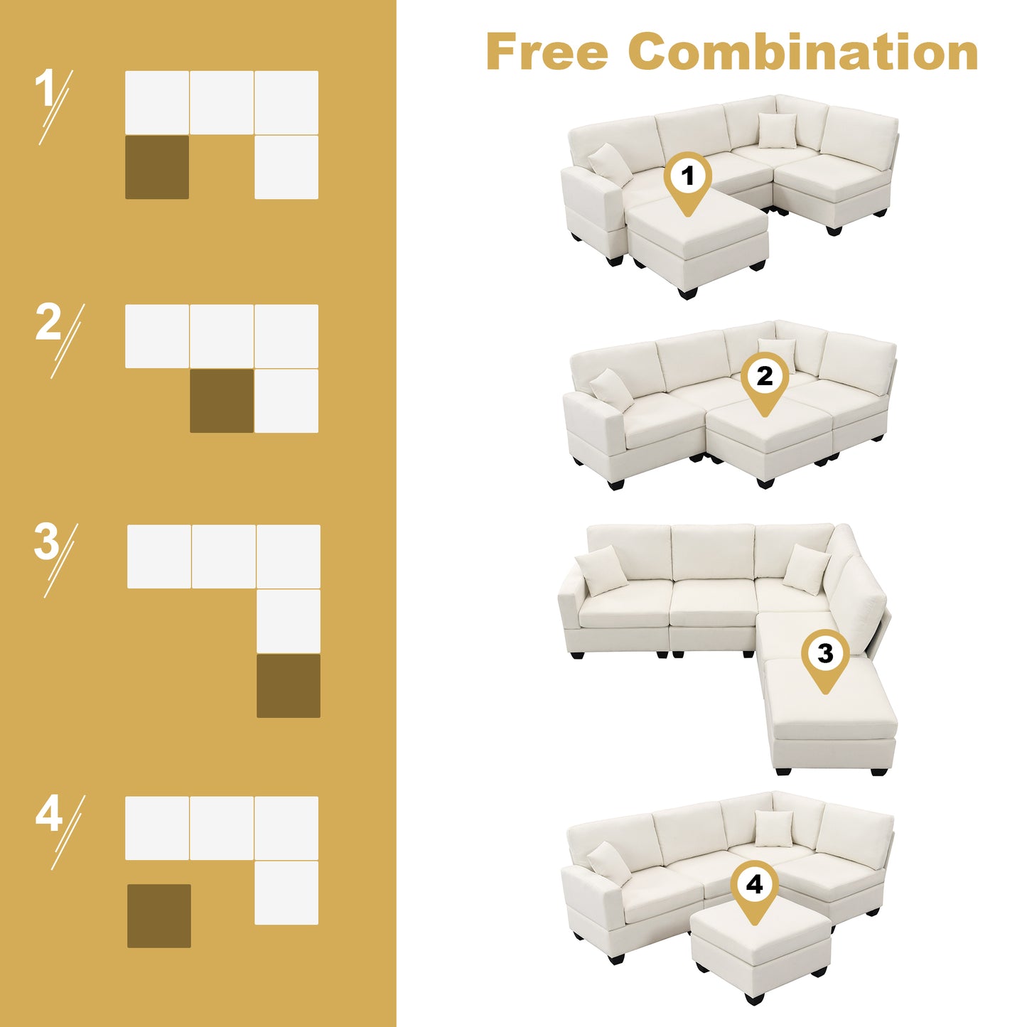 Contemporary 5-Seat L-Shaped Linen Sectional Sofa Set with Convertible Ottoman