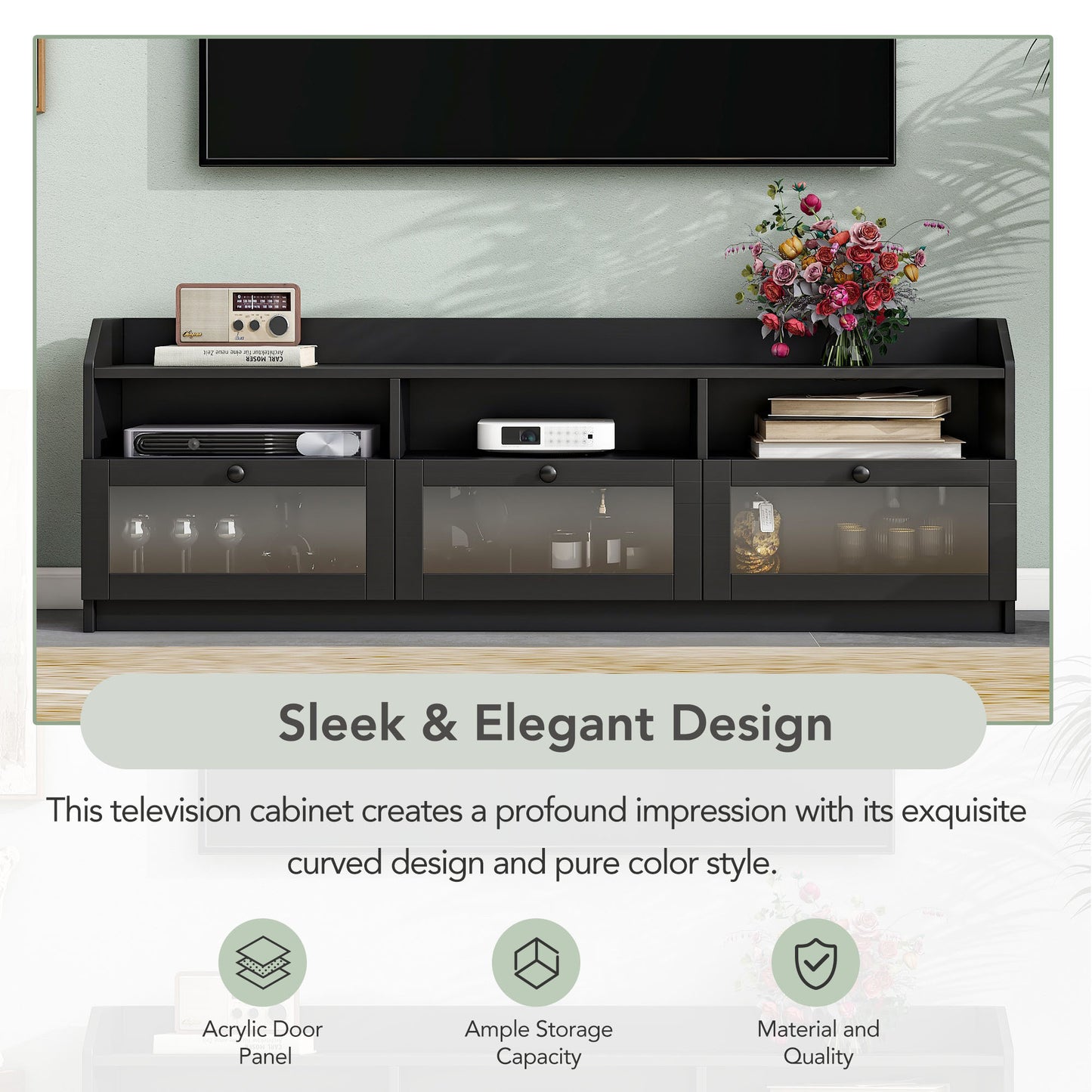 Sophisticated Black TV Stand with Acrylic Board Door and Generous Storage Space for TVs Up to 65