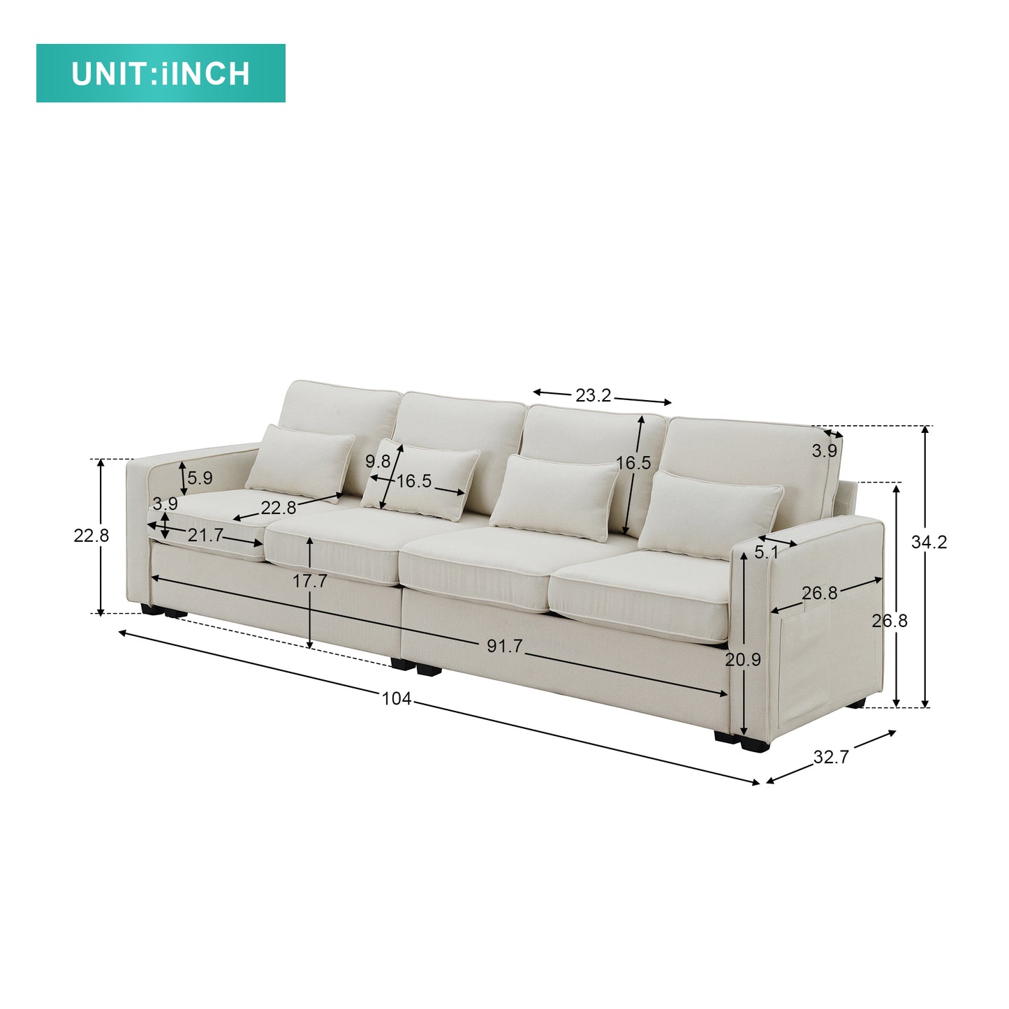 104-Inch 4-Seater Minimalist Linen Fabric Sofa with Armrest Pockets and 4 Pillows, 3 Color Options