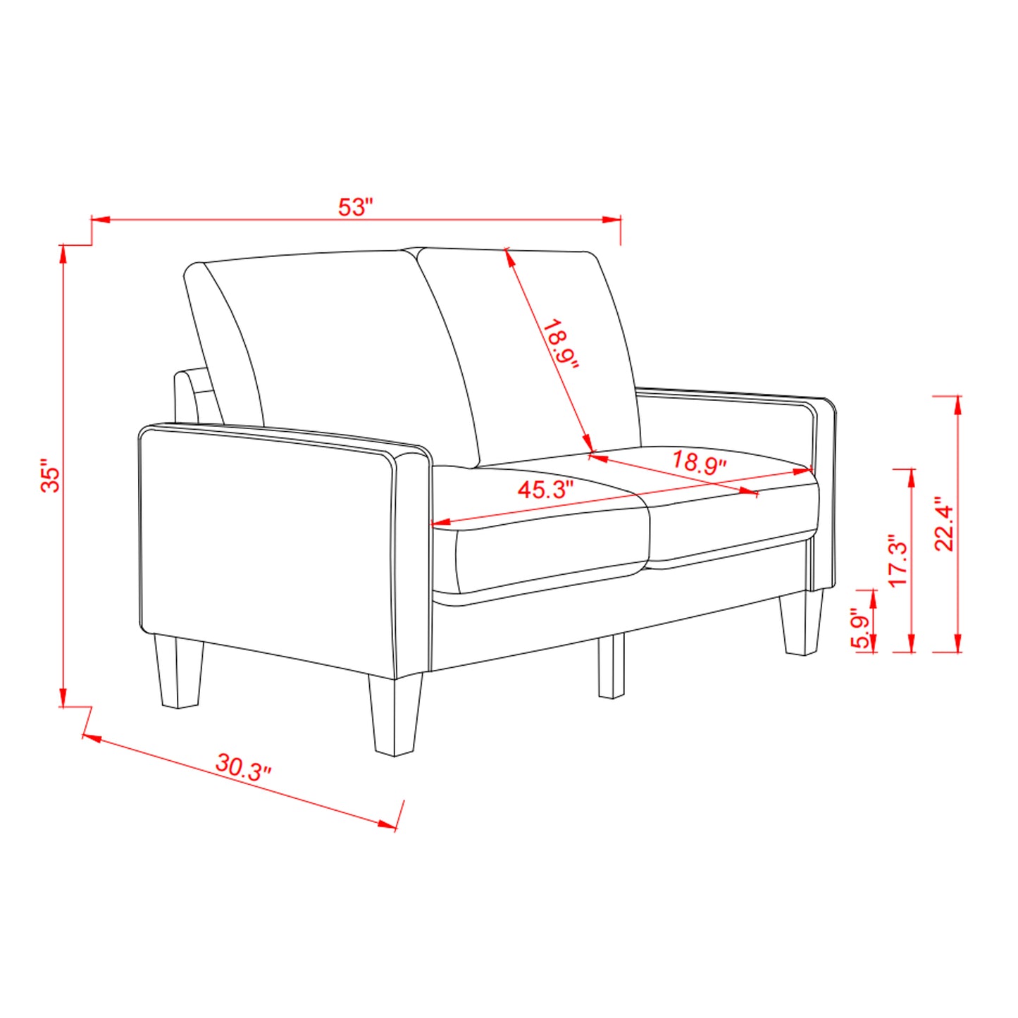 Modern Living Room Furniture Loveseat in Dark Grey Fabric