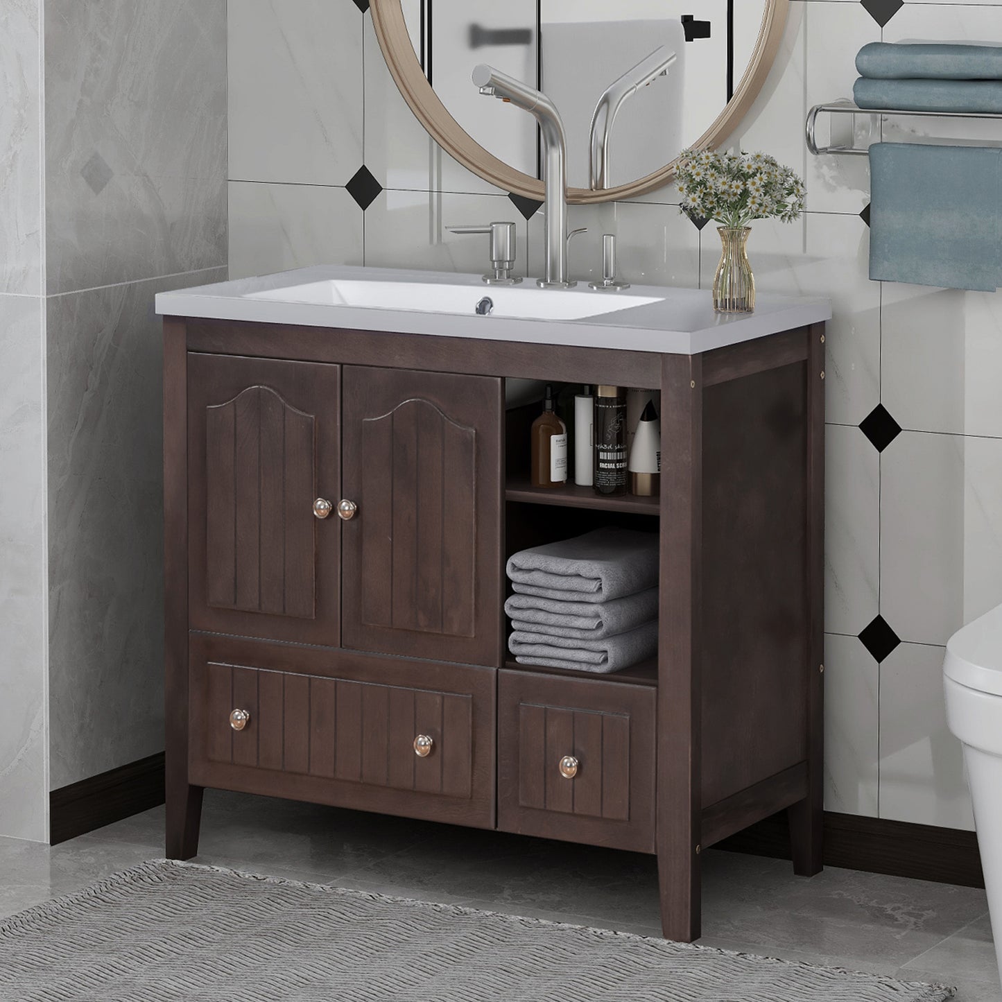 36" Bathroom Vanity with Ceramic Basin, Bathroom Storage Cabinet with Two Doors and Drawers, Solid Frame, Metal Handles, Brown