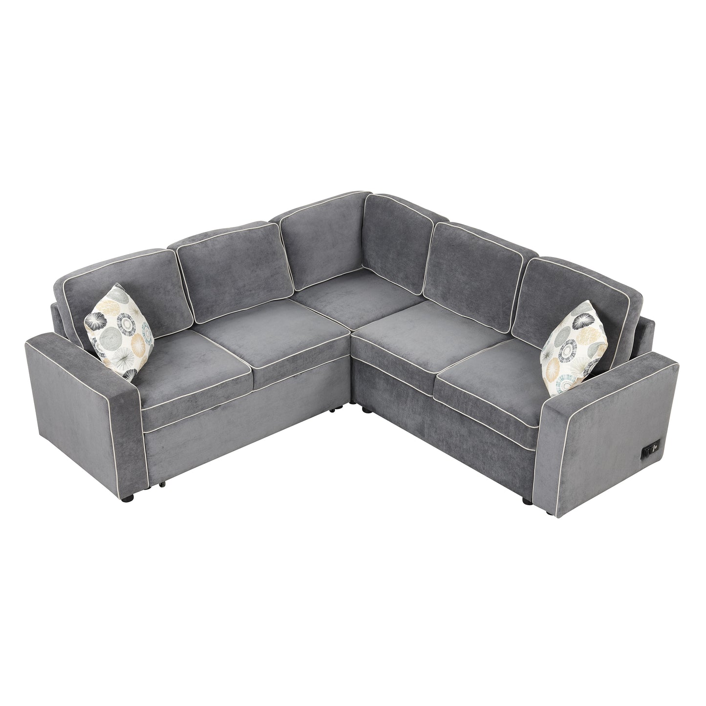 83 L-Shaped Convertible Sleeper Sofa with USB ports, Power Sockets, and Pillows, Gray