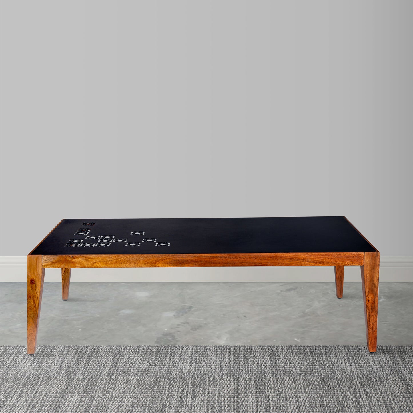 Metal Top Coffee Table with Laser Cut Design, Black and Brown - Alba 47 Inch Rectangular