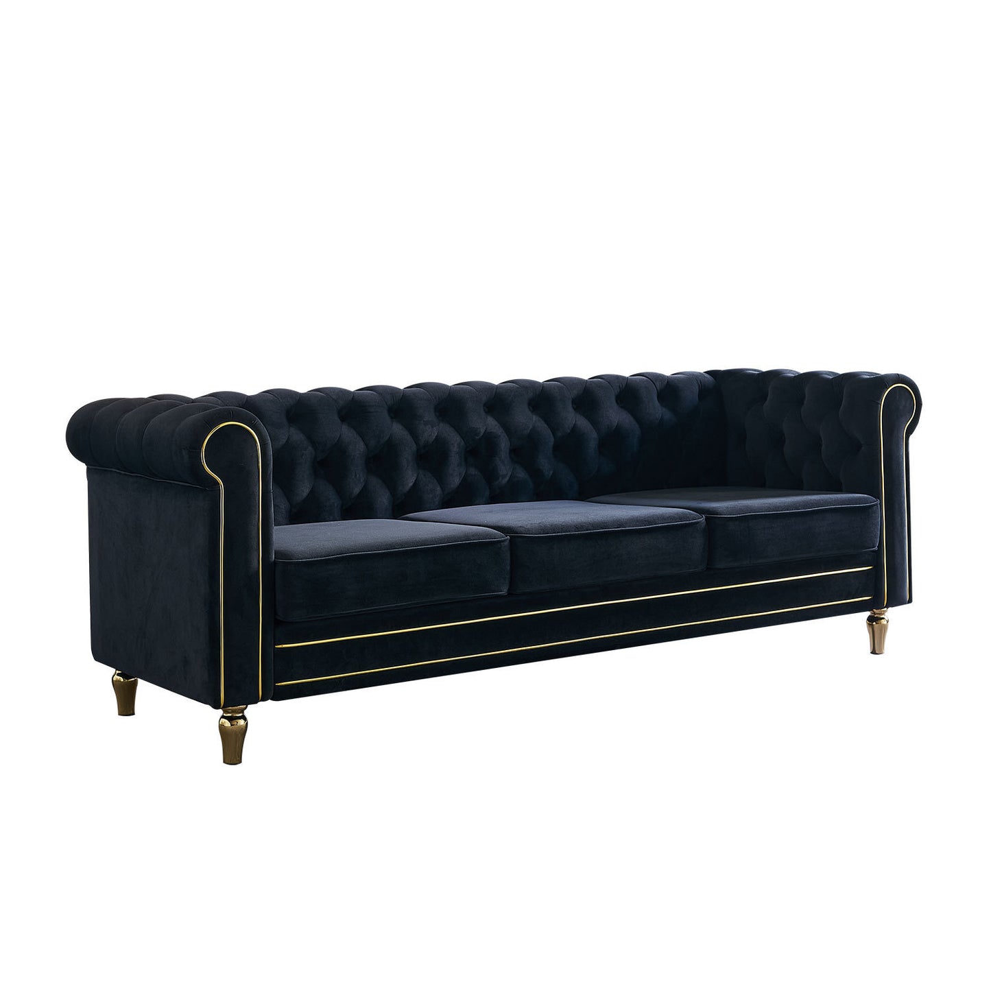 Chesterfield Velvet Sofa 84.65 inch for Living Room Black Color