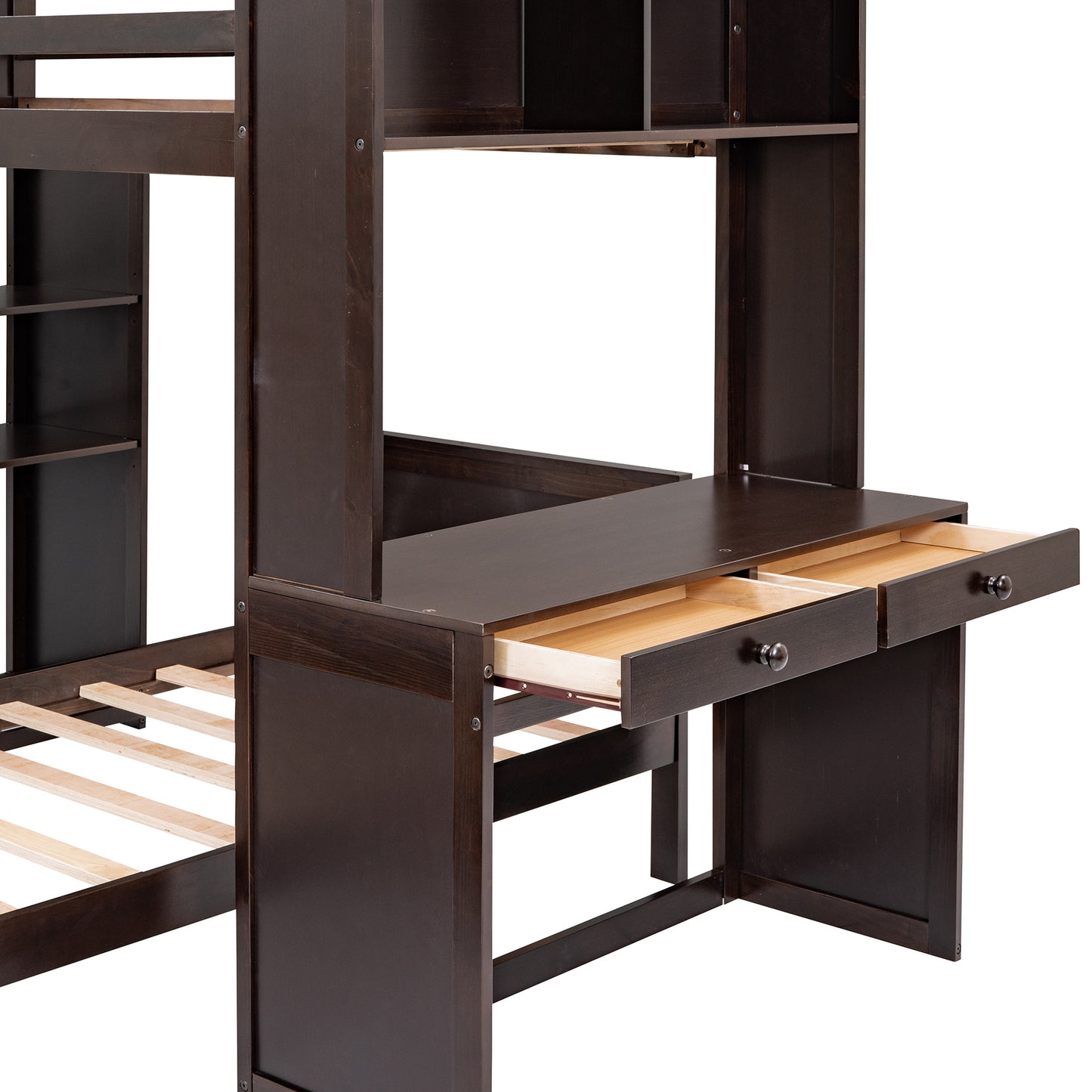 Twin size Loft Bed with a Stand-alone bed, Shelves,Desk,and Wardrobe-Espresso