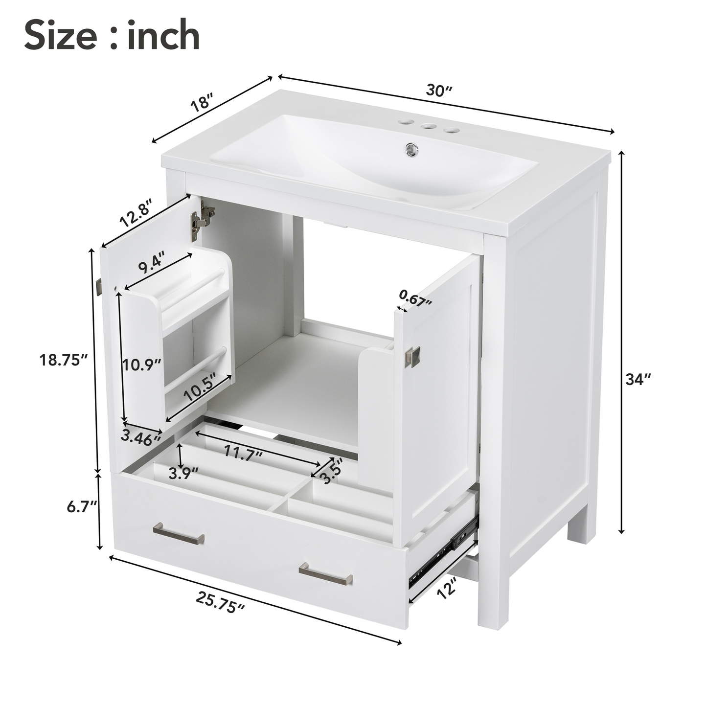 30" White Bathroom Vanity with Single Sink, Combo Cabinet Undermount Sink, Bathroom Storage Cabinet with 2 Doors and a Drawer, Soft Closing, Multifunctional Storage, Solid Wood Frame