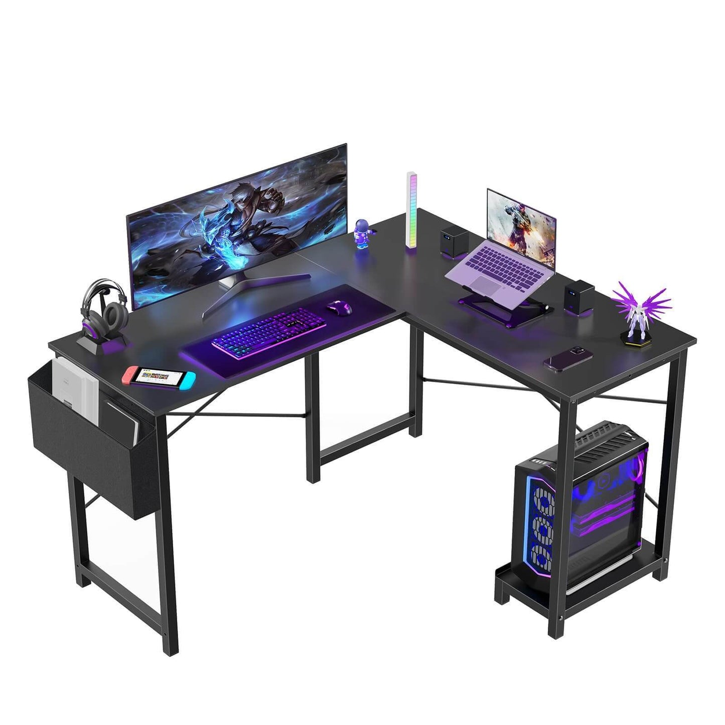 Black L-Shaped Modular Gaming Desk with Integrated Storage Options