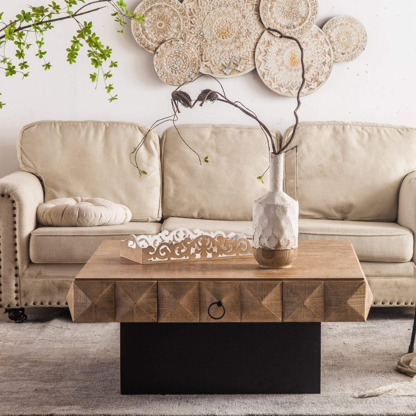 Retro Fir Wood Coffee Table with 3D Embossed Pattern and 2 Drawers