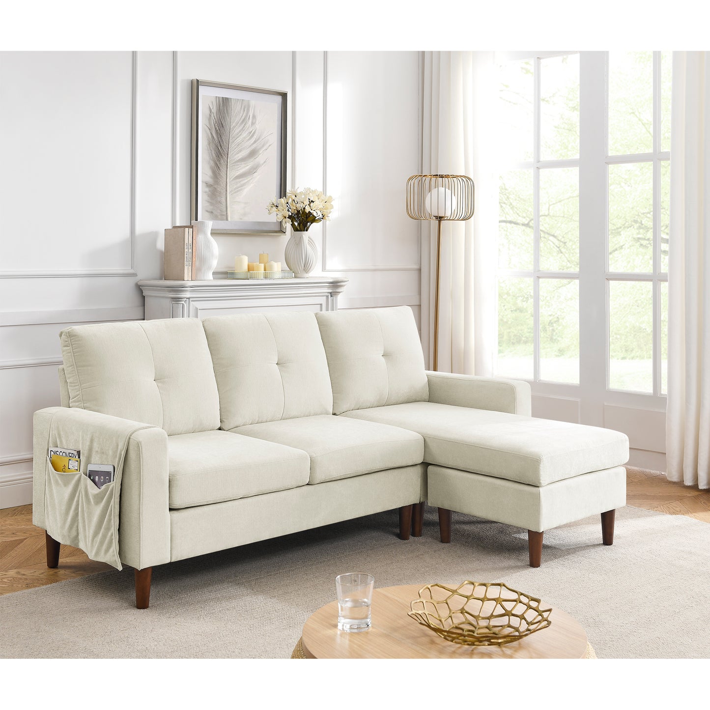 80 Convertible L-Shaped Sectional Sofa with Reversible Chaise and Removable Cushions, Beige Chenille