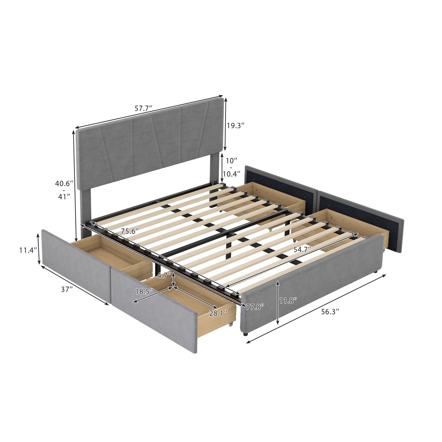 Full Size Upholstery Platform Bed with Four Drawers on Two Sides, Adjustable Headboard, Grey(: WF291773EAA)