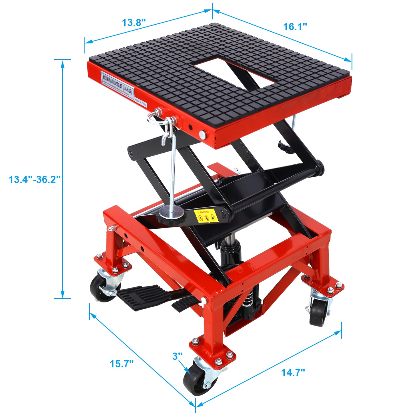 300 lbs Hydraulic Motorcycle Scissor Jack Lift Foot Step Wheels for Small Dirt Bikes,red color