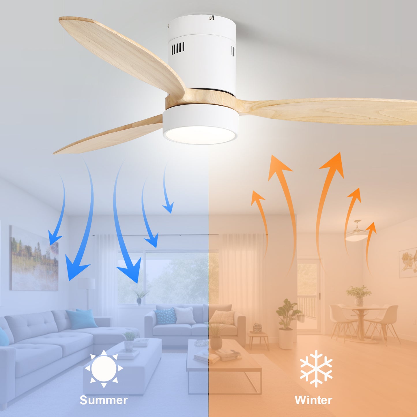 52 Inch Modern Farmhouse Wooden Ceiling Fan with Reversible DC Motor and LED Light