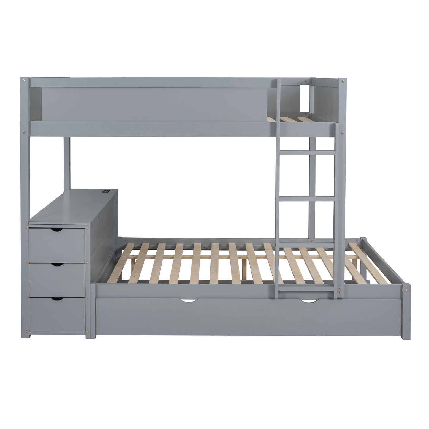 Full-Over-Full Bunk Bed with Twin Trundle, Storage, Desk, and USB Outlets, Gray - Ultimate Space-Saving Solution for Bedroom