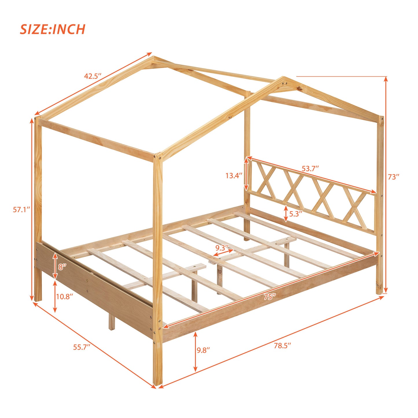 Full Size Wood House Bed with Storage Space, Natural