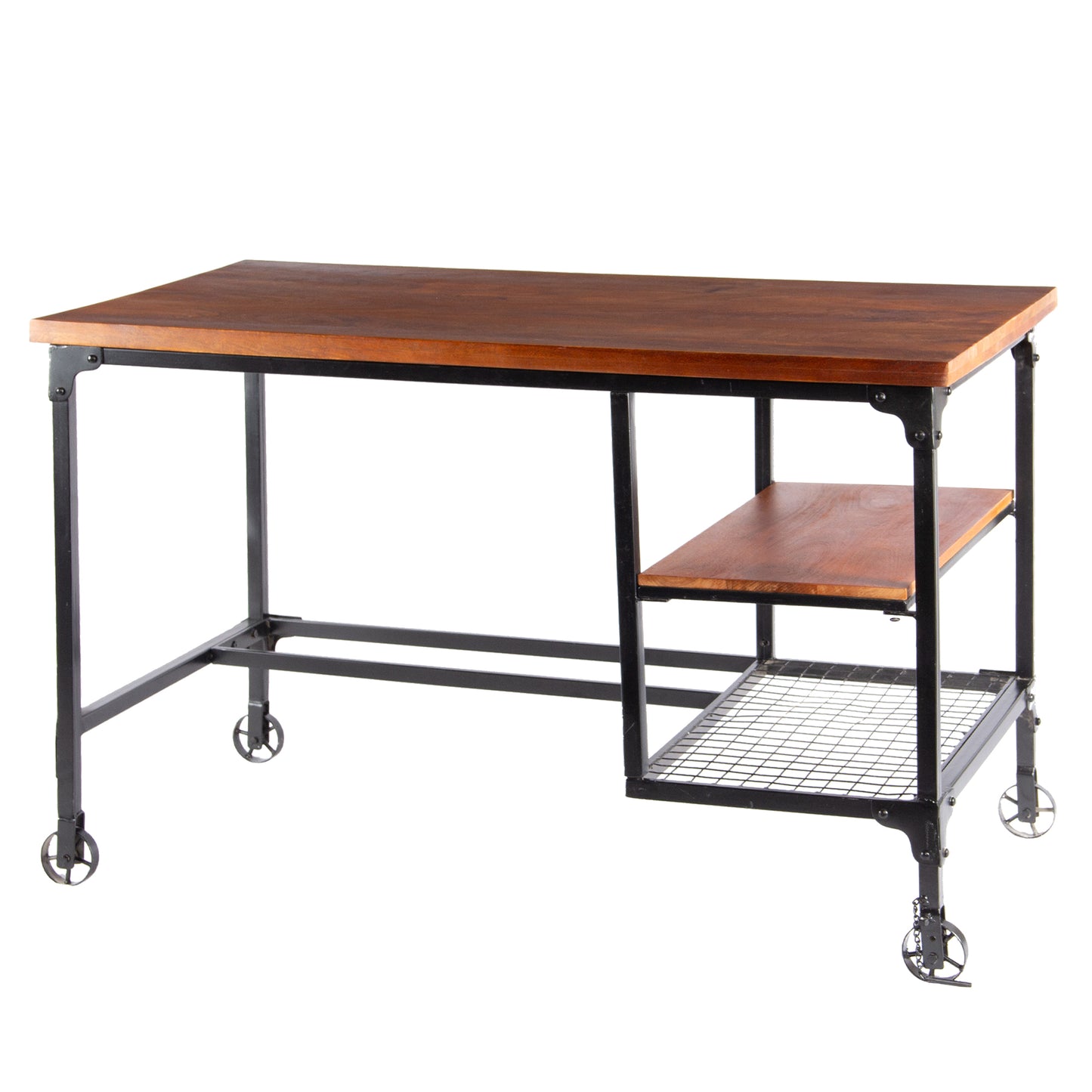 Brown and Black Industrial Style Wood and Metal Desk with Two Bottom Shelves - Modern Workspace Upgrade