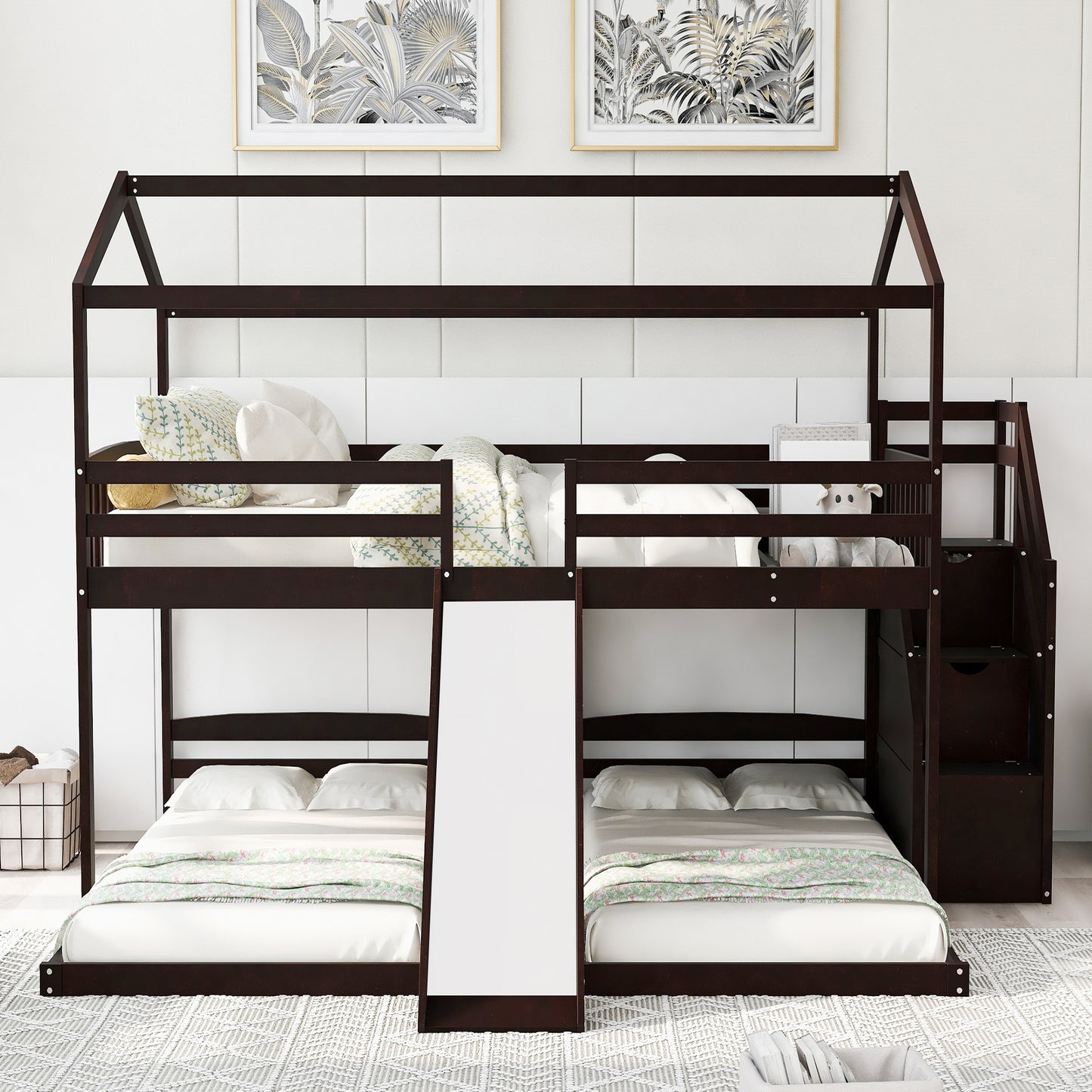 Versatile Full over Twin & Twin Bunk Bed in Espresso with Slide and Storage Staircase