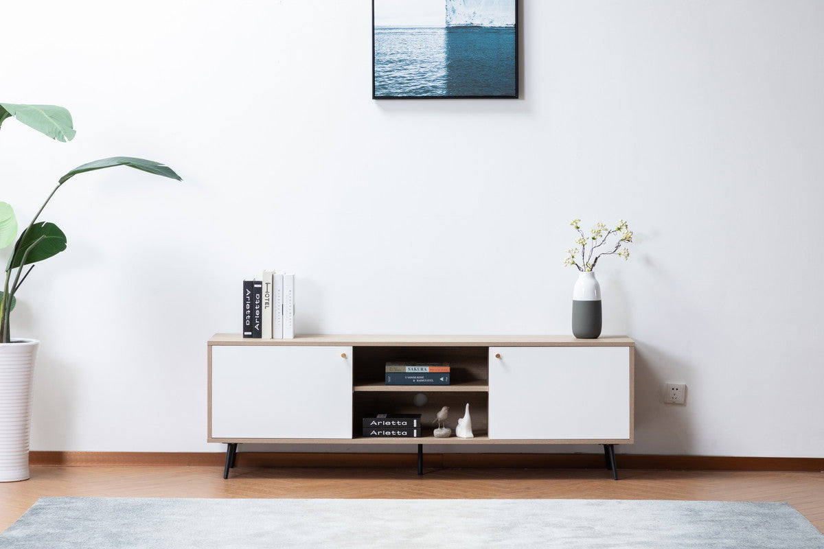 Aurora Light Brown Wood Finish TV Stand with 2 White Cabinets and Adjustable Shelves