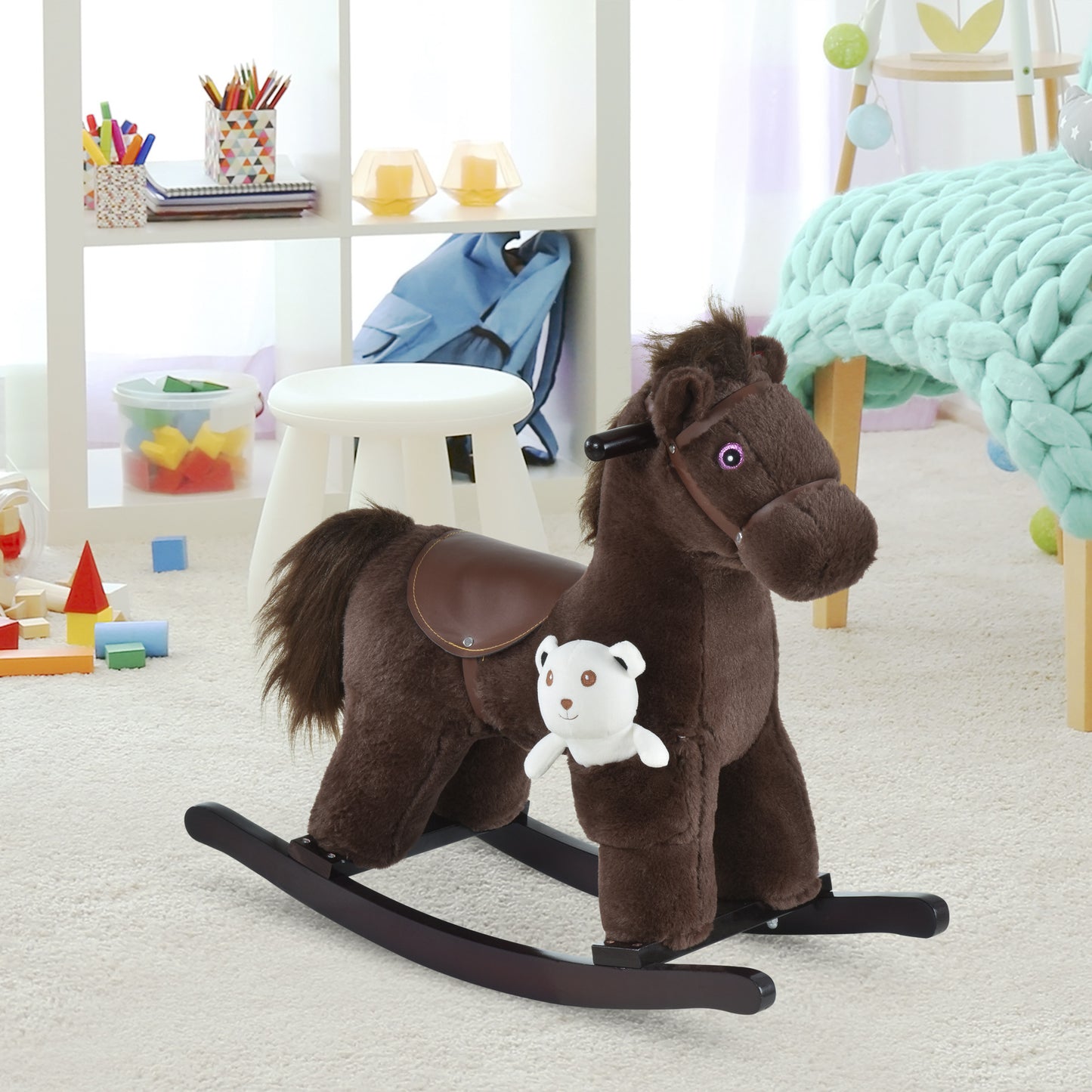 Kids Plush Ride-On Rocking Horse with Bear Toy, Children Chair with Soft Plush Toy & Fun Realistic Sounds, Brown