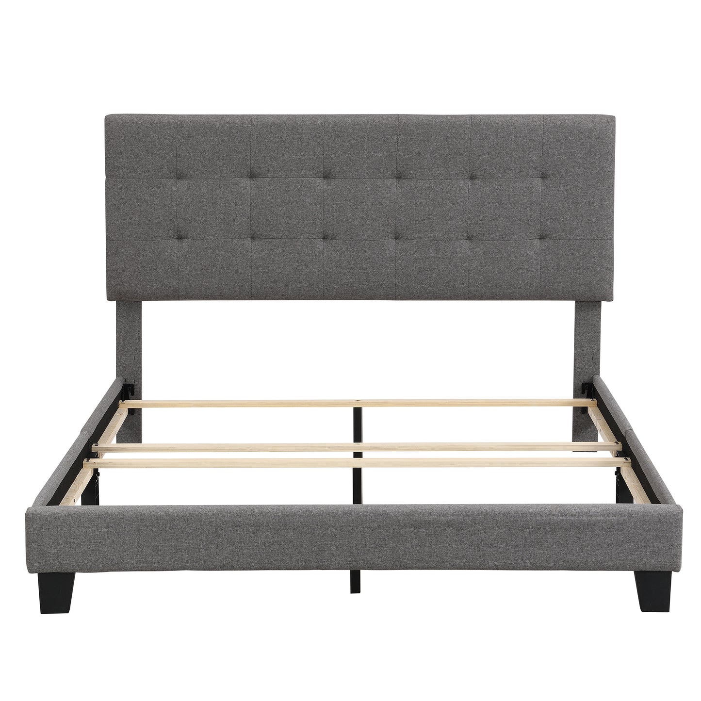 Upholstered Platform Bed with Tufted Headboard, Box Spring Needed, Gray Linen Fabric, Queen Size