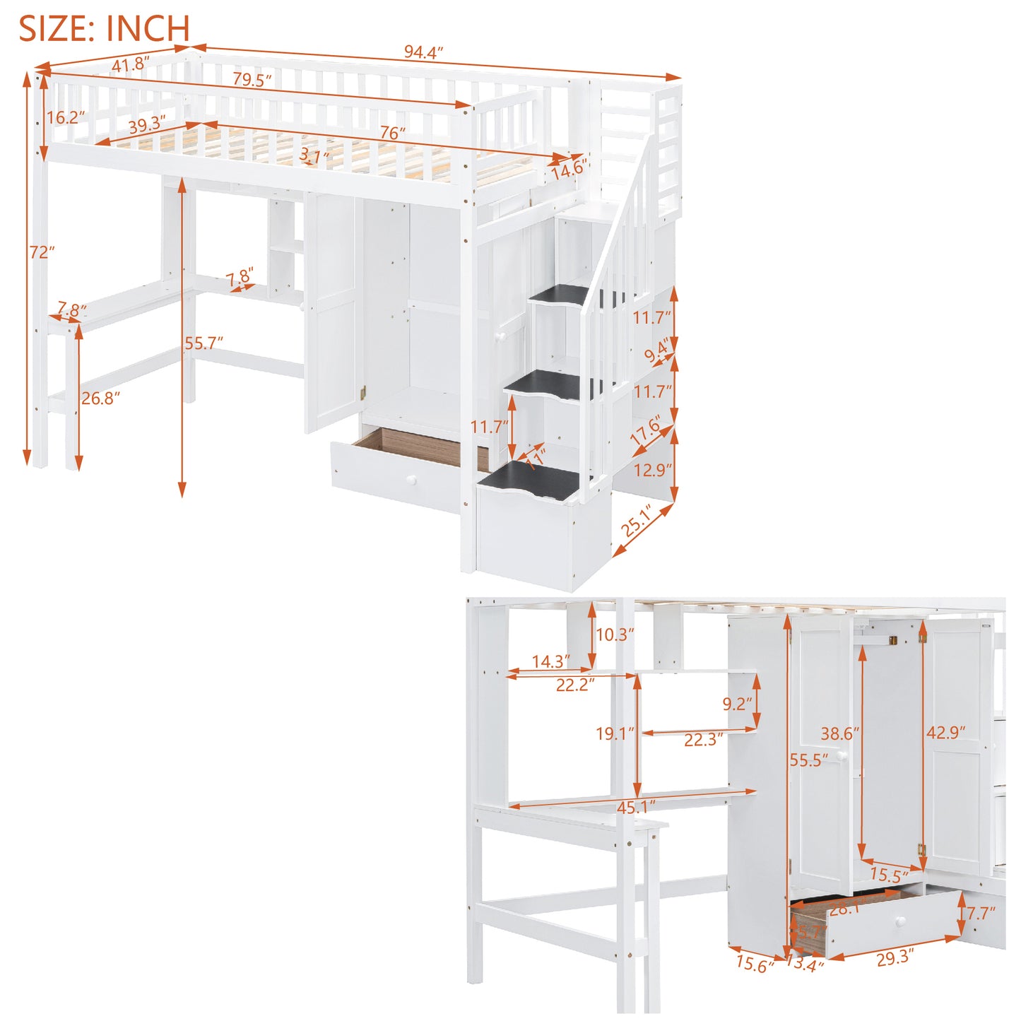 Twin size Loft Bed with Bookshelf,Drawers,Desk,and Wardrobe-White