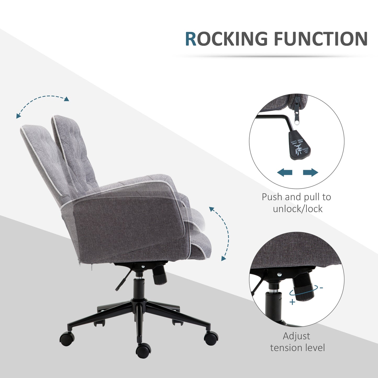 Vinsetto Linen Home Office Chair, Tufted Height Adjustable Computer Desk Chair with Swivel Wheels and Padded Armrests, Dark Gray