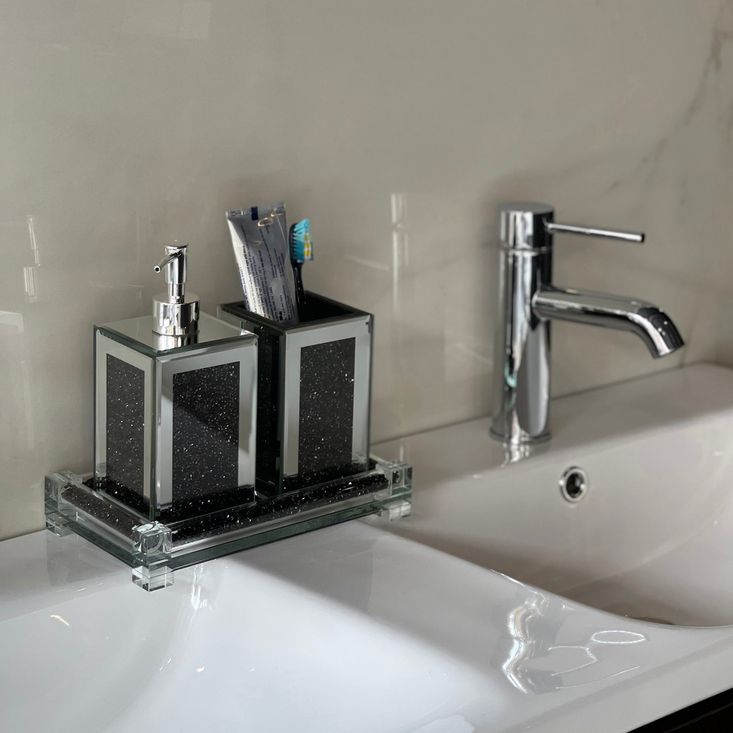 Elegant Ambrose 3-Piece Square Bath Set with Soap Dispenser, Toothbrush Holder, and Tray