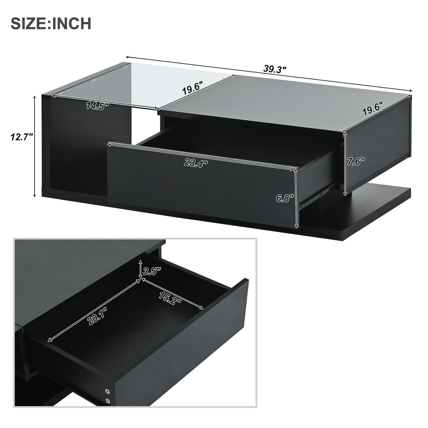 Elegant Black Modernist Coffee Table with Glass Top and Storage Shelf