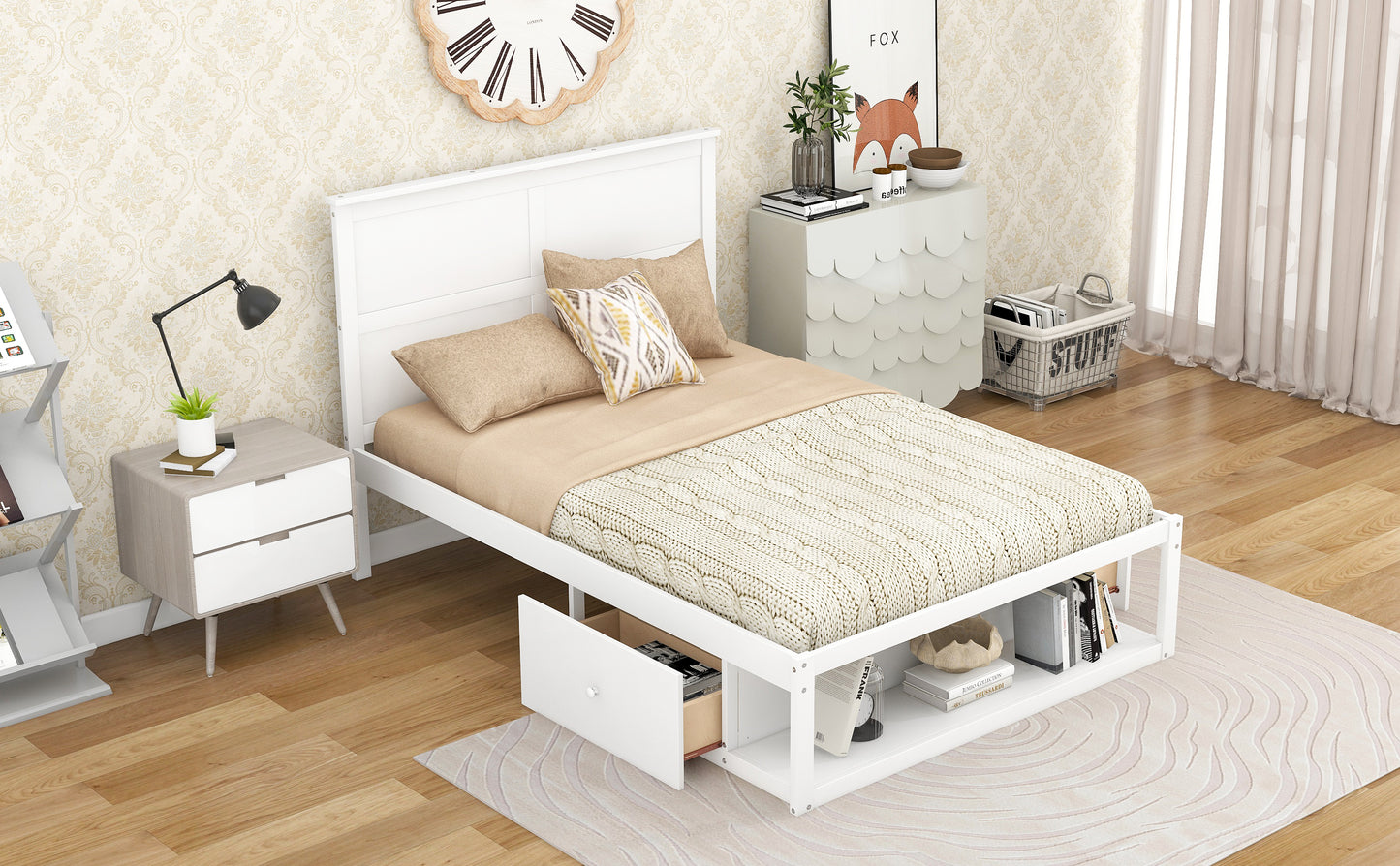 Full Size Platform Bed with Drawer on the Each Side and Shelf on the End of the Bed, White