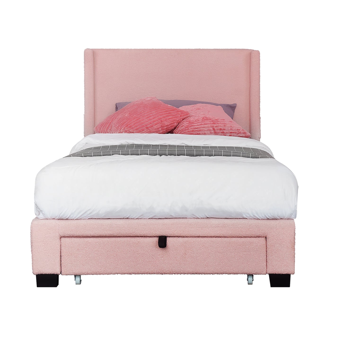 PINK TEDDY FABRIC FOOTBOARD STORAGE BIG DRAWER WINGBACK WITH POCKETS UPHOLSTERED BED NO BOX SPRING REQUIRED TWIN SIZE MODERN DESIGN