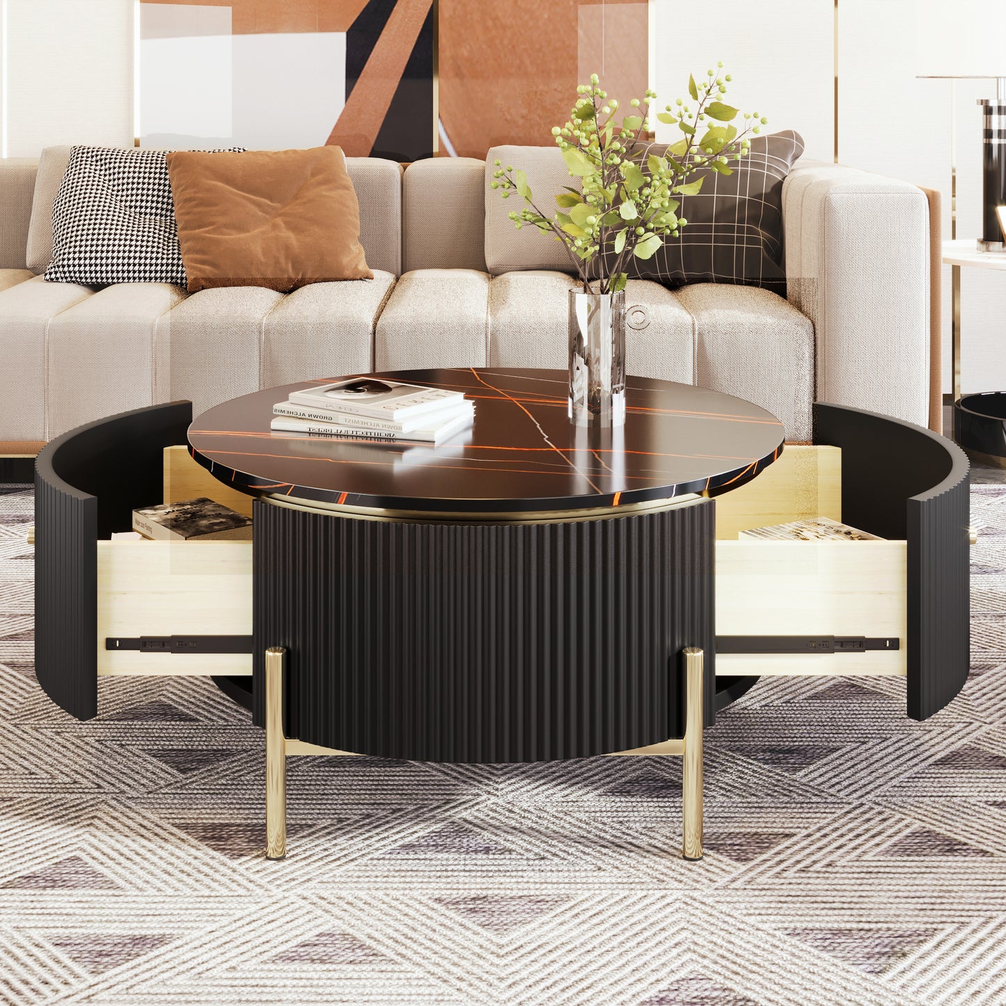 Contemporary Round Coffee Table with 2 Spacious Drawers and Marble Patterned Top