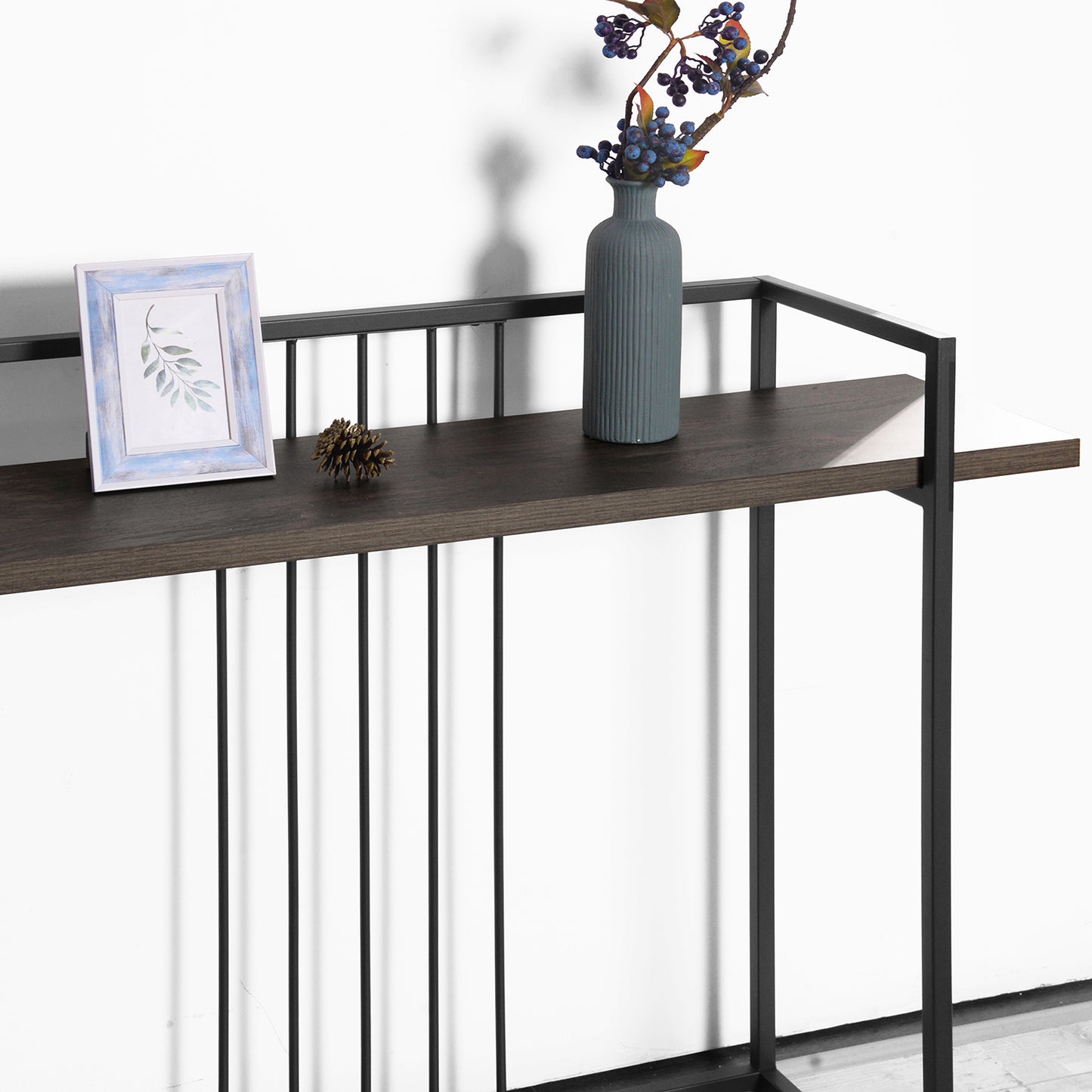 Compact Walnut and Black Console Table with Ample Storage Space