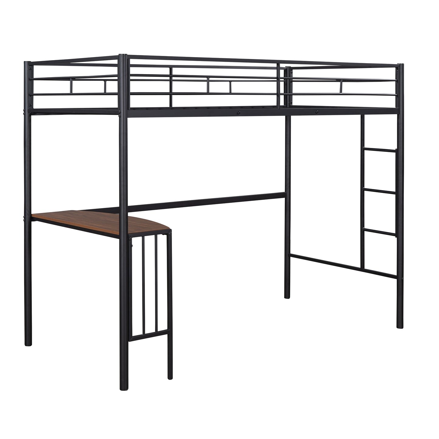 Black Metal Loft Bed with Built-in Study Desk, Ladder, and Guardrails for Twin Size Mattress