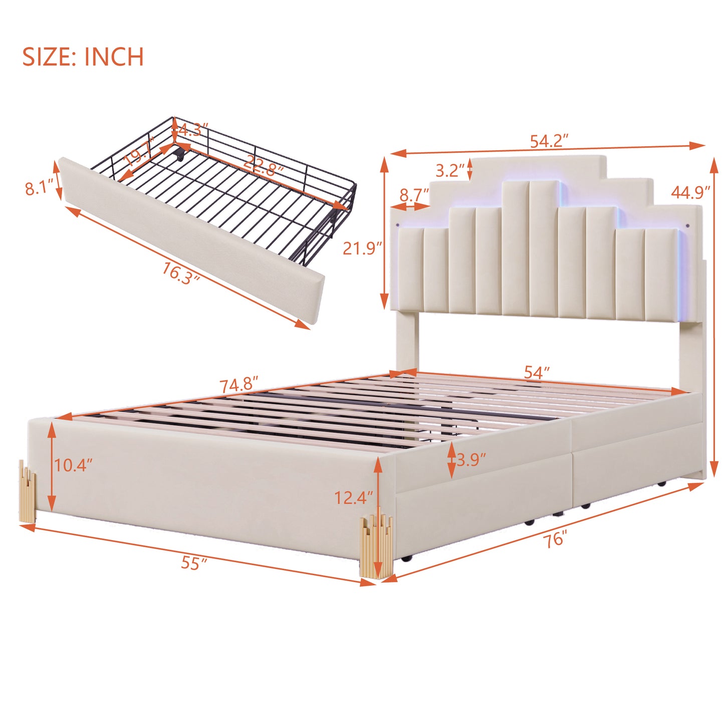 Full Size Upholstered Platform Bed with LED Lights and 4 Drawers, Stylish Irregular Metal Bed Legs Design, Beige