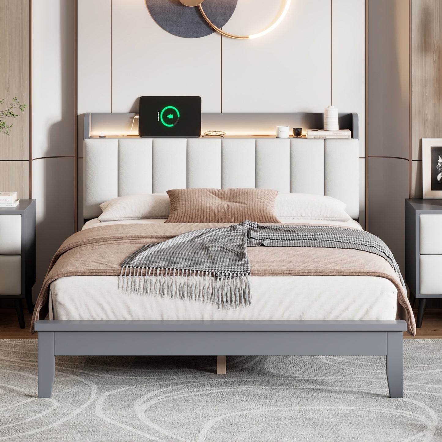 Full size Platform Bed with USB Charging Station and Storage Upholstered Headboard,LED Bed Frame,No Box Spring Needed,Gray+White