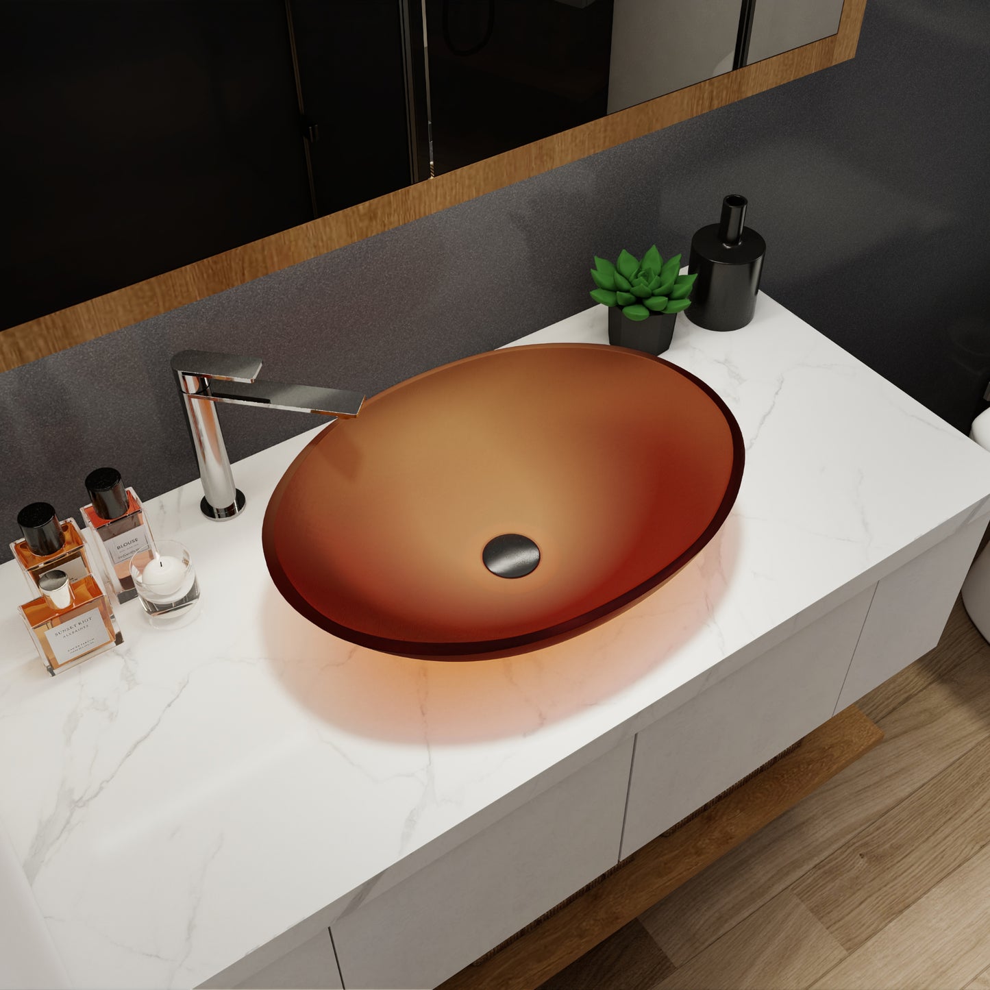 Tempered Glass Matte Bathroom Vessel Sink, Oval Bathroom Basin (Tempered Glass Matt Tea)