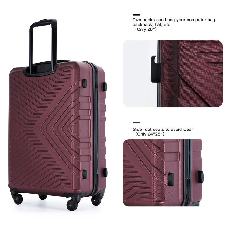 3 Piece Luggage Sets ABS Lightweight Suitcase with Two Hooks, Spinner Wheels, TSA Lock, (20/24/28) Wine Red