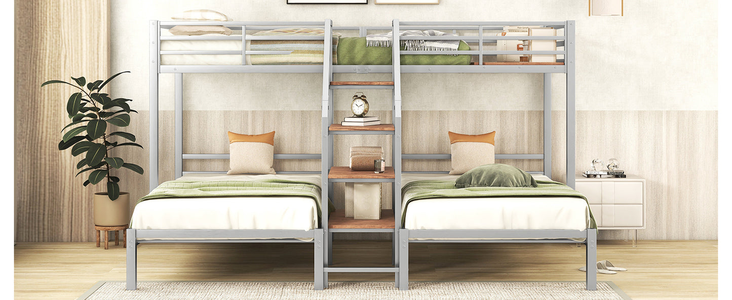 Three-Tiered Metal Bunk Bed with Storage and Staircase, Silver Twin over Twin