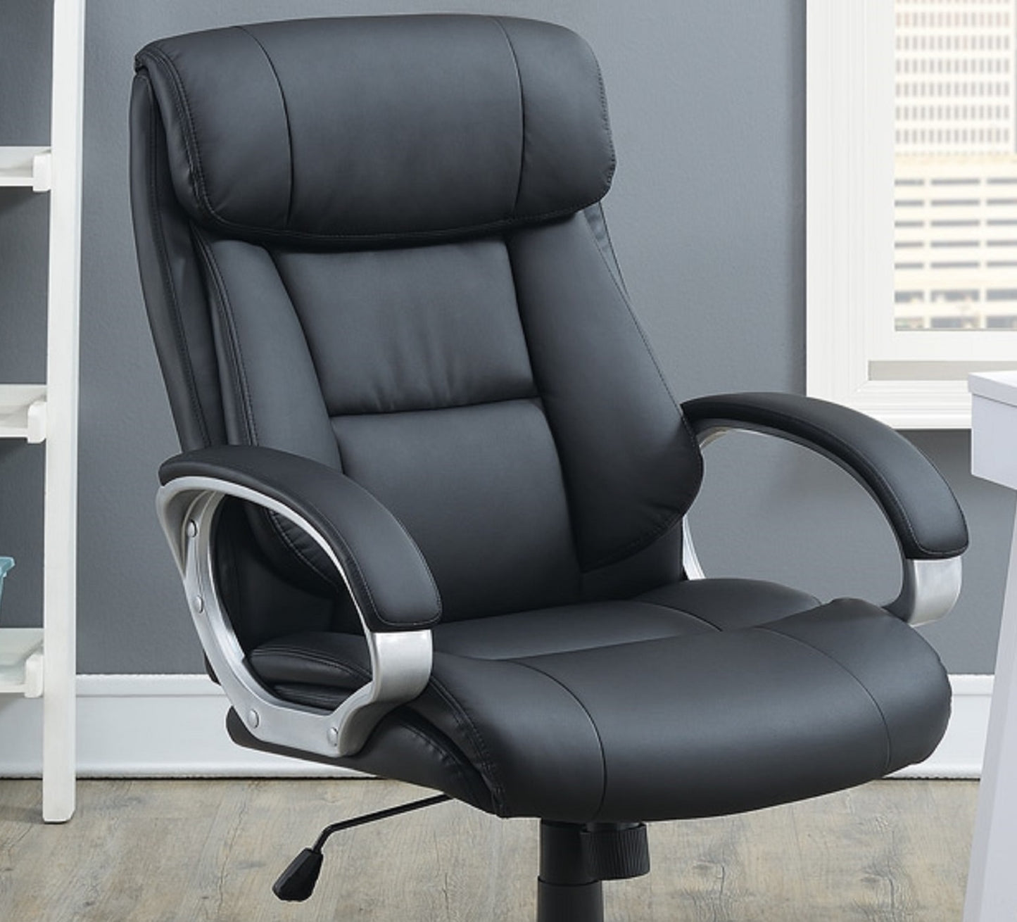 Classic 1pc Office Chair Black Color Cushioned Headrest Adjustable Work Silver Armrest