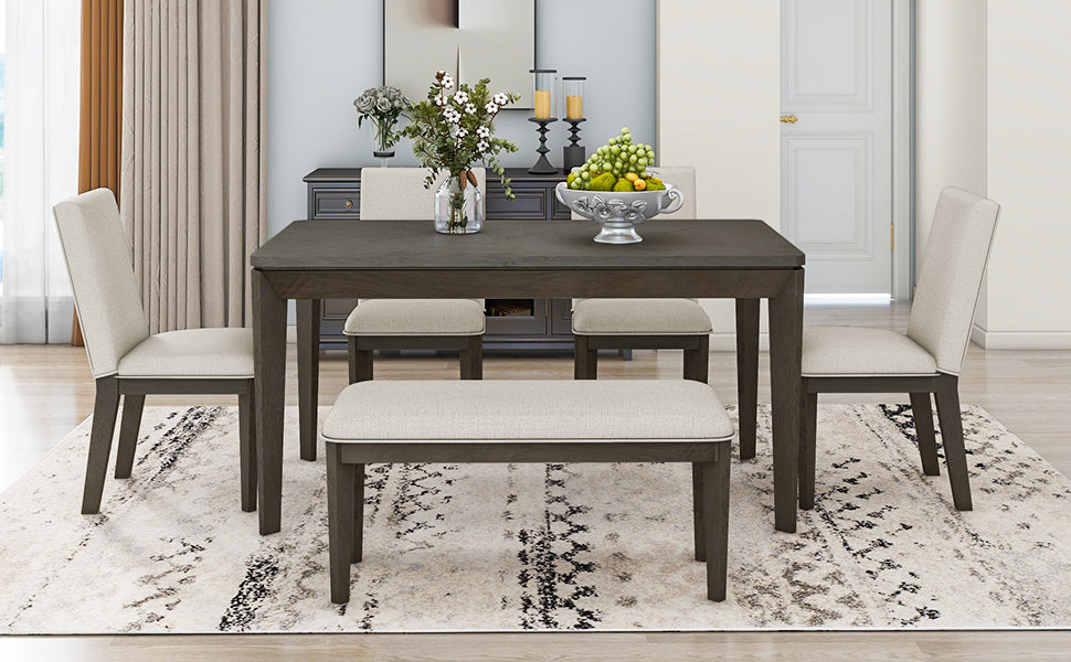 6-Piece Dining Table Set with Upholstered Dining Chairs and Bench,Farmhouse Style, Tapered Legs, Dark Gray+Beige