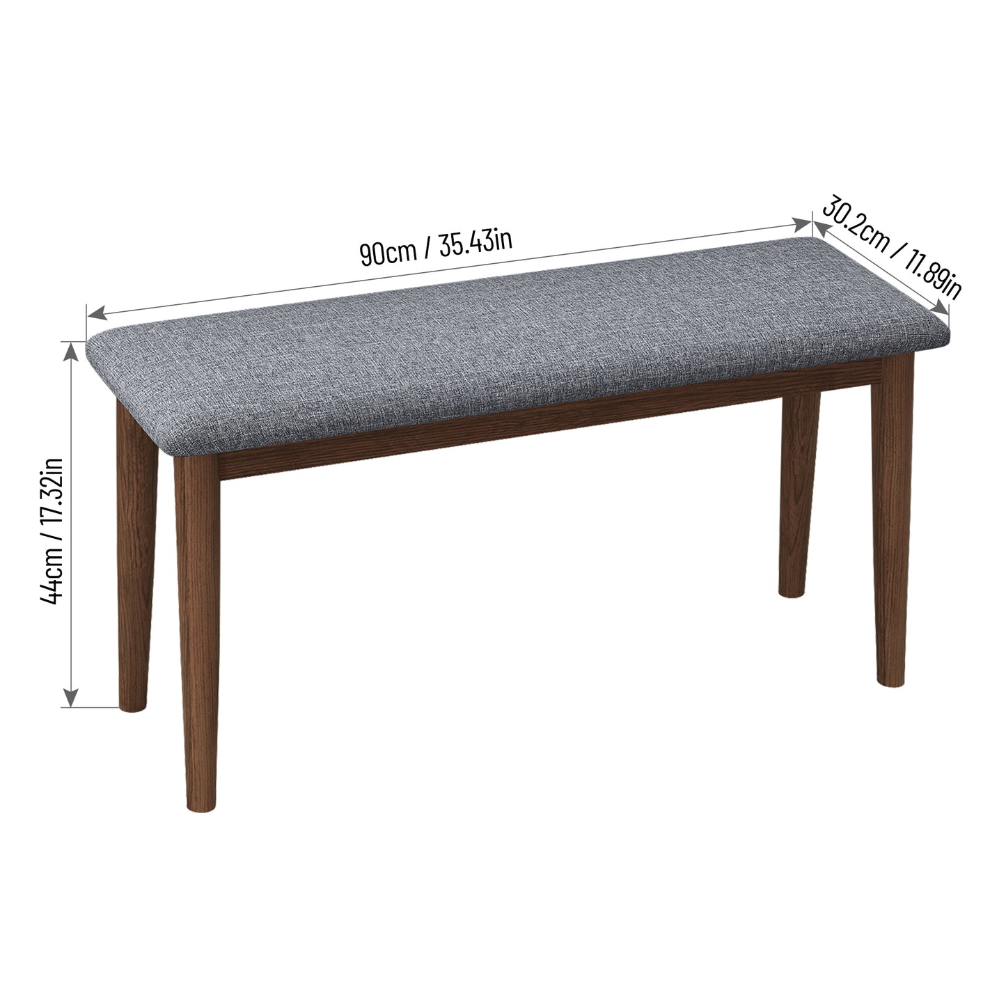 3 Pieces Modern Dining Table Set with 1 Rectangular Table and 2 Benches Fabric Cushion for 4 All Rubber wood Kitchen Dining Table for Dining Room Kitchen Small Space Walnut Color and Grey