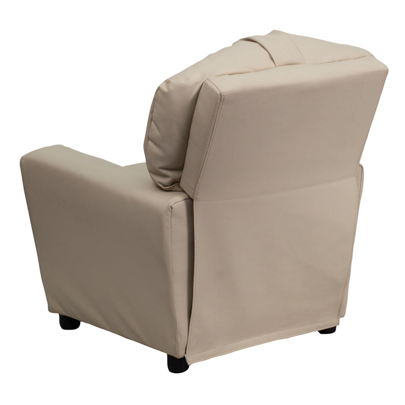 Contemporary Beige Vinyl Kids Recliner with Cup Holder