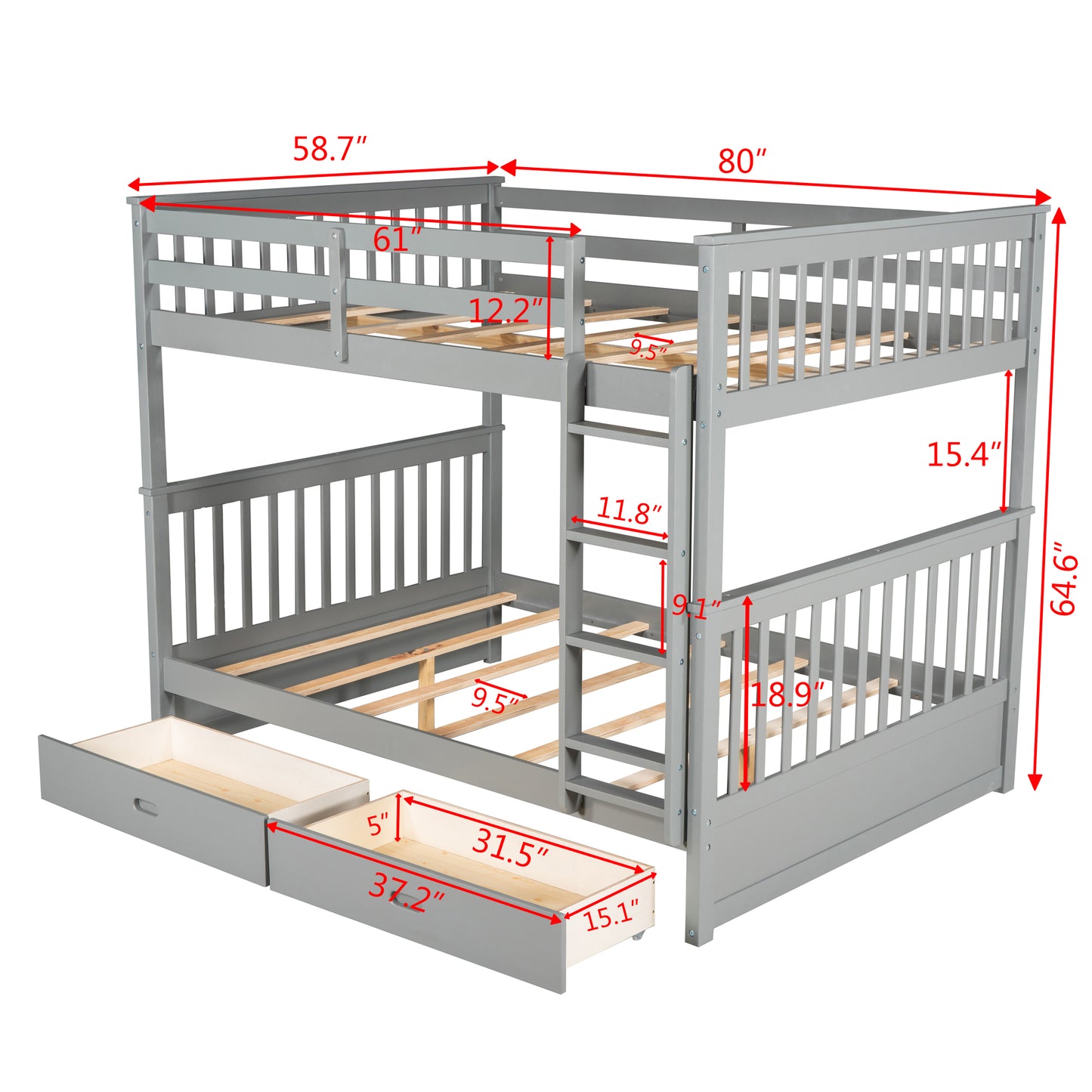 Gray Full-Over-Full Bunk Bed with Storage Drawers and Ladders