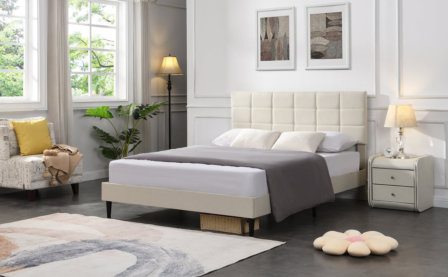 Queen Size Platform Bed Frame with Fabric Upholstered Headboard and Wooden Slats, No Box Spring Needed/Easy Assembly, Beige