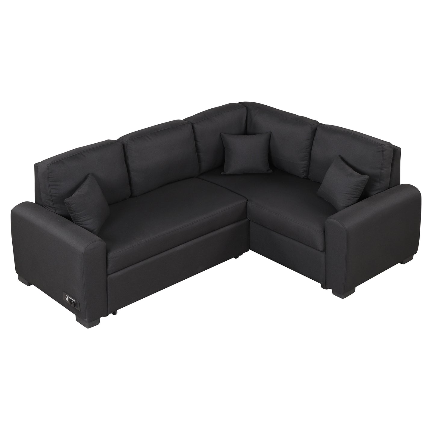 Sleeper Sectional Sofa with USB Charging Port and Plug Outlet, Pull-Out Bed with 3 Pillows, L-Shape Chaise for Small Living Spaces, Black