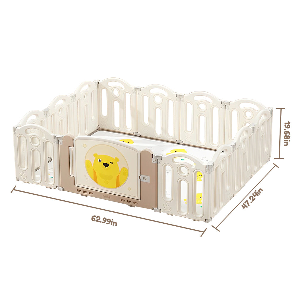 Bear Beige white  Color Foldable Playpen, Baby Safety Play Yard With Fence Indoor Toys With Play mat 12panel and 1 play mat