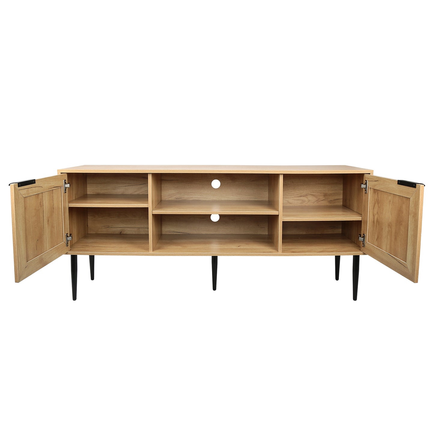 Rattan-Doored Wooden TV Stand with Open Shelves for TVs up to 65 Inches