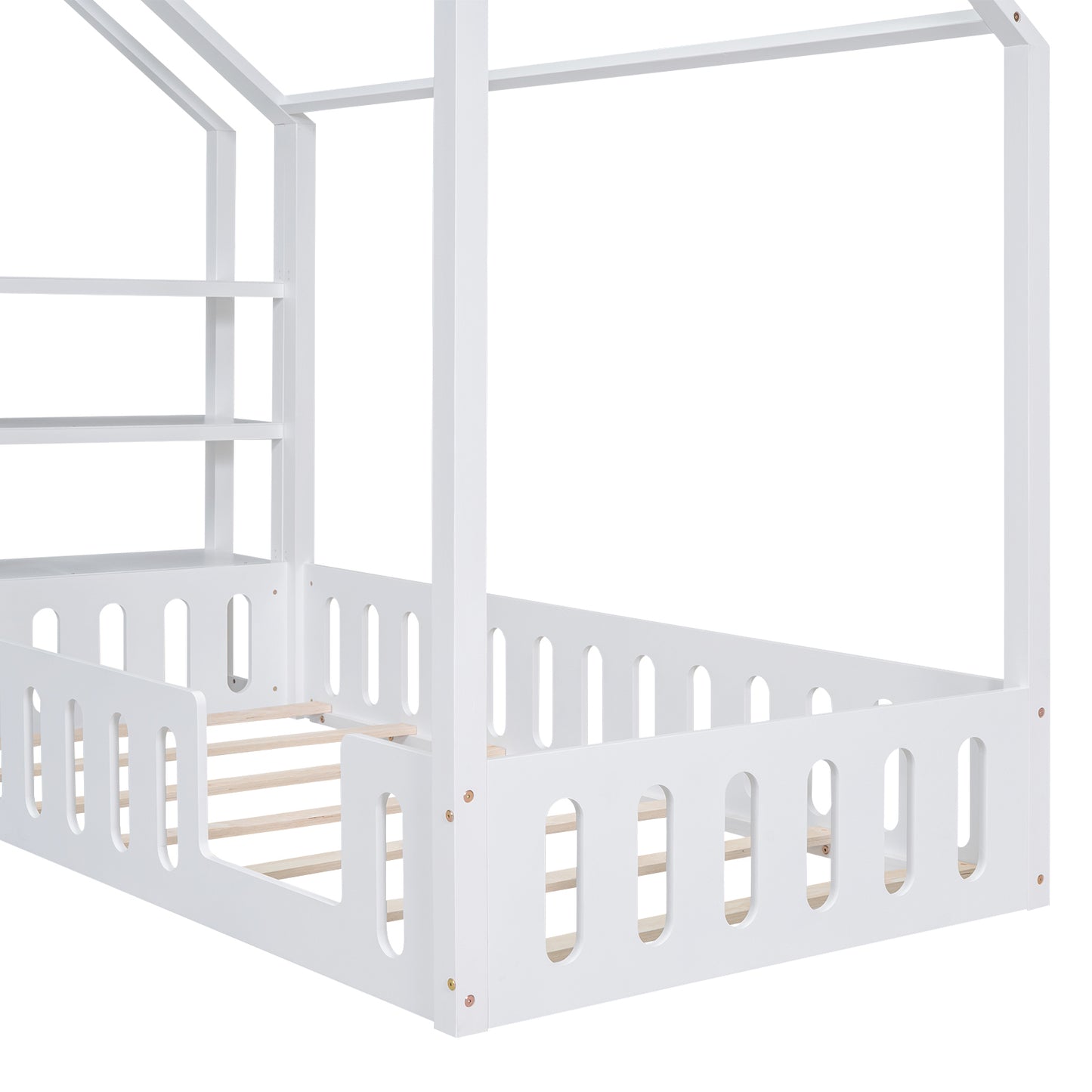 Twin Size Wood House Bed with Fence and Detachable Storage Shelves, White(Expected Arrival Time: 1.7)