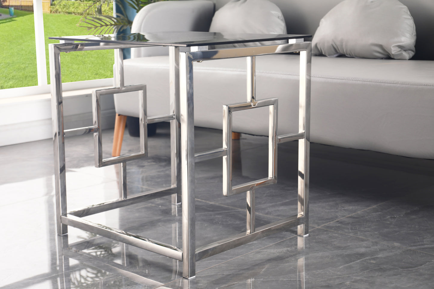 Silver Square Nesting Glass End Table Set with Stainless Steel Frame