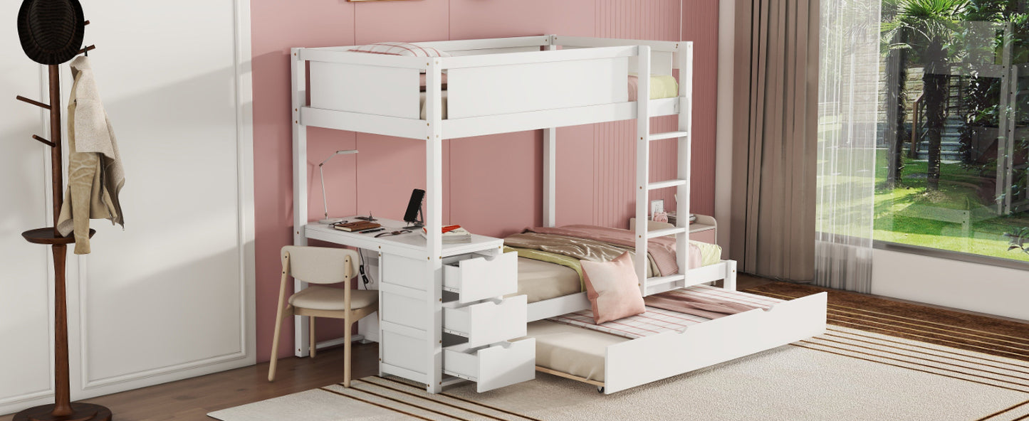 Twin Loft Bed with Trundle, Storage, Desk, and USB Outlets, White